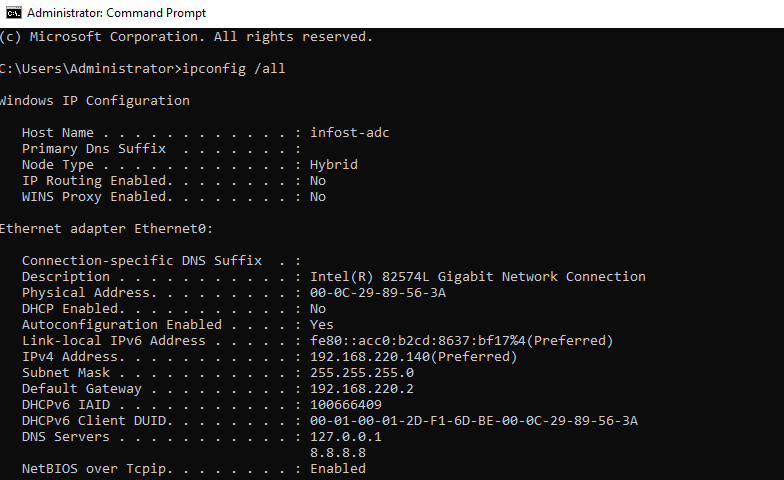 Note how DHCP is now not enabled and how we have two DNS servers configured
